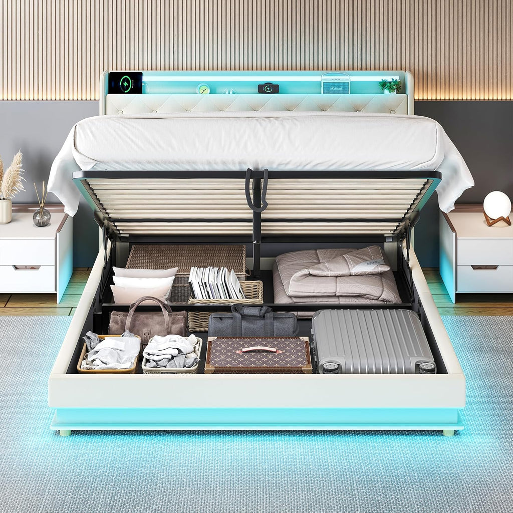 Ailisite Queen Size Lift Up Storage Bed, Upholstered Platform Bed with Button Tufted Wingback Storage Headboard, Bed Frame Queen Size with Led Lights and Charging Station, No Box Spring Needed, Beige