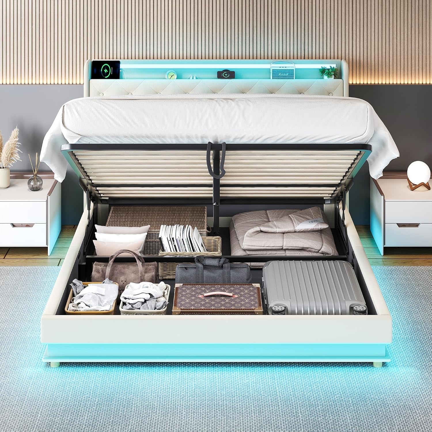 Ailisite Queen Size Lift Up Storage Bed, Upholstered Platform Bed with Button Tufted Wingback Storage Headboard, Bed Frame Queen Size with Led Lights and Charging Station, No Box Spring Needed, Beige