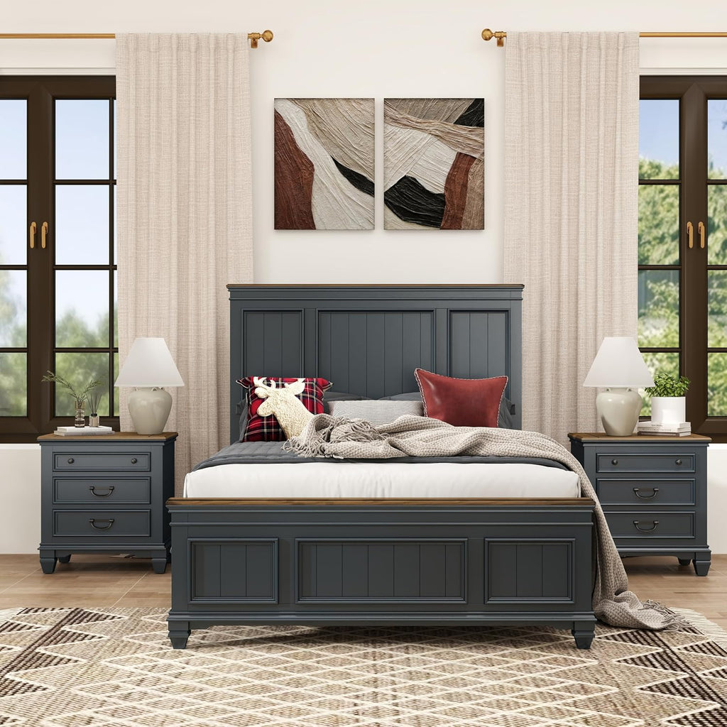 Roundhill Furniture Riverton Wood Bedroom Set with Shiplap Panel Queen Bed, Dresser, Mirror, and Two Nightstands in Slate Blue