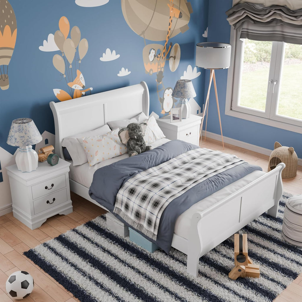 Furniture of America Arabella Traditional Solid Wood 3 Piece Bedroom Set, Full Bed Frame and Nightstands Set of 2, Chic Sleigh Design Bedframe with Headboard and Footboard, Box Spring Needed, White