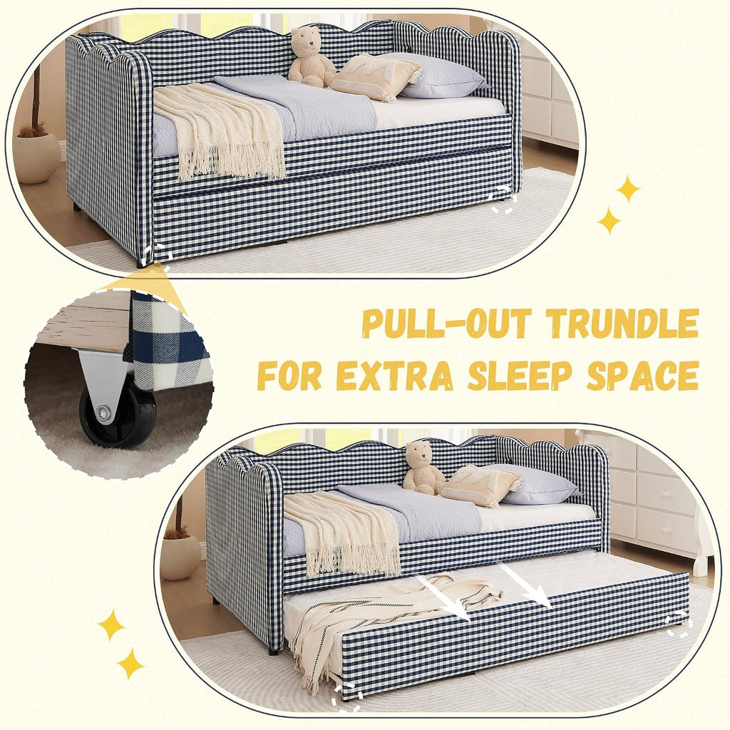 DEINPPA Twin Size Upholstered Daybed with Trundle, Gingham Daybed with USB Ports for Bedroom Living Room Guest Room-Navy