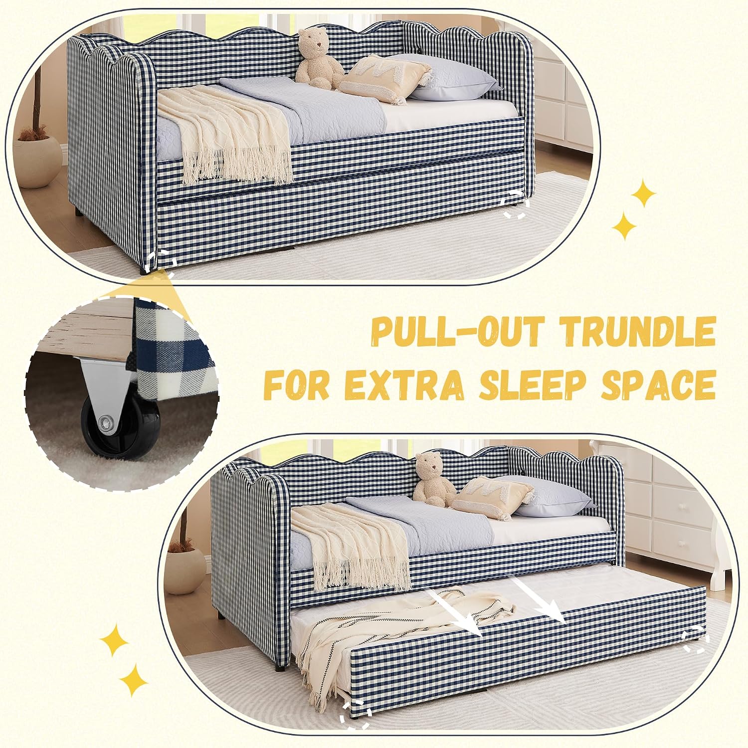 DEINPPA Twin Size Upholstered Daybed with Trundle, Gingham Daybed with USB Ports for Bedroom Living Room Guest Room-Navy