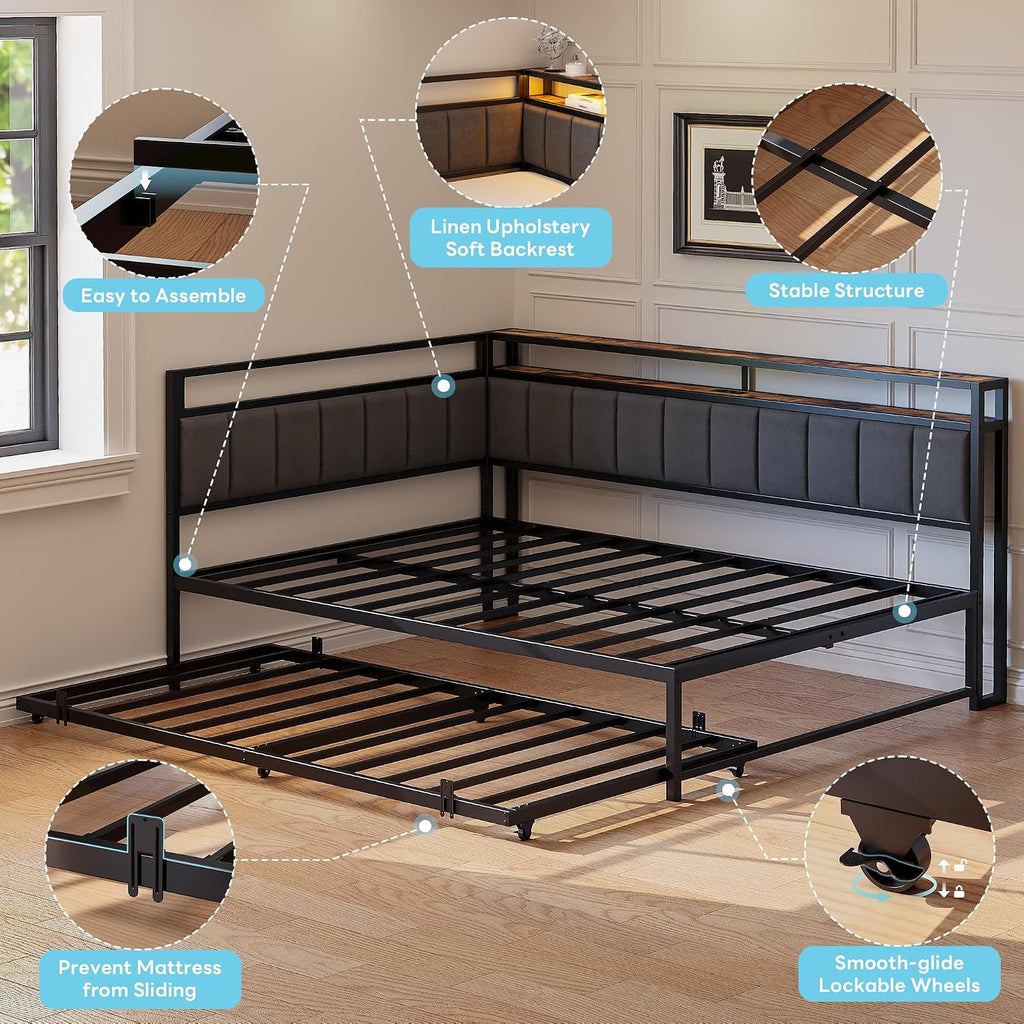 LIKIMIO Corner Twin Bed Frame with Trundle, Upholstered Storage Headboard & LED Lights, Twin Size Daybed with Charging Station, Sturdy Platform Metal Frame for Living Room, Bedroom, Guest Room, Gray