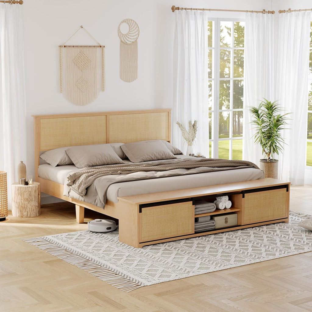 GarveeHome Natural Rattan Full Size Bed Frame with Sliding Barn Door Storage Cabinets, LED Light Headboard, Boho Farmhouse Wood Platform Bed with Solid Wood Legs Support, No Box Spring Needed