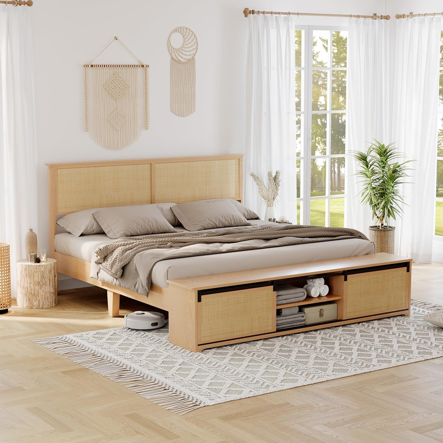 GarveeHome Natural Rattan King Size Bed Frame with Sliding Barn Door Storage Cabinets and Headboard, Boho Farmhouse Wood Platform Bed with Solid Wood Legs Support, No Box Spring Needed