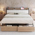 LIKIMIO King Size Bed Frame, Storage Headboard with Charging Station, Platform Bed with Drawers, No Box Spring Needed, Easy Assembly, Wood and Cream