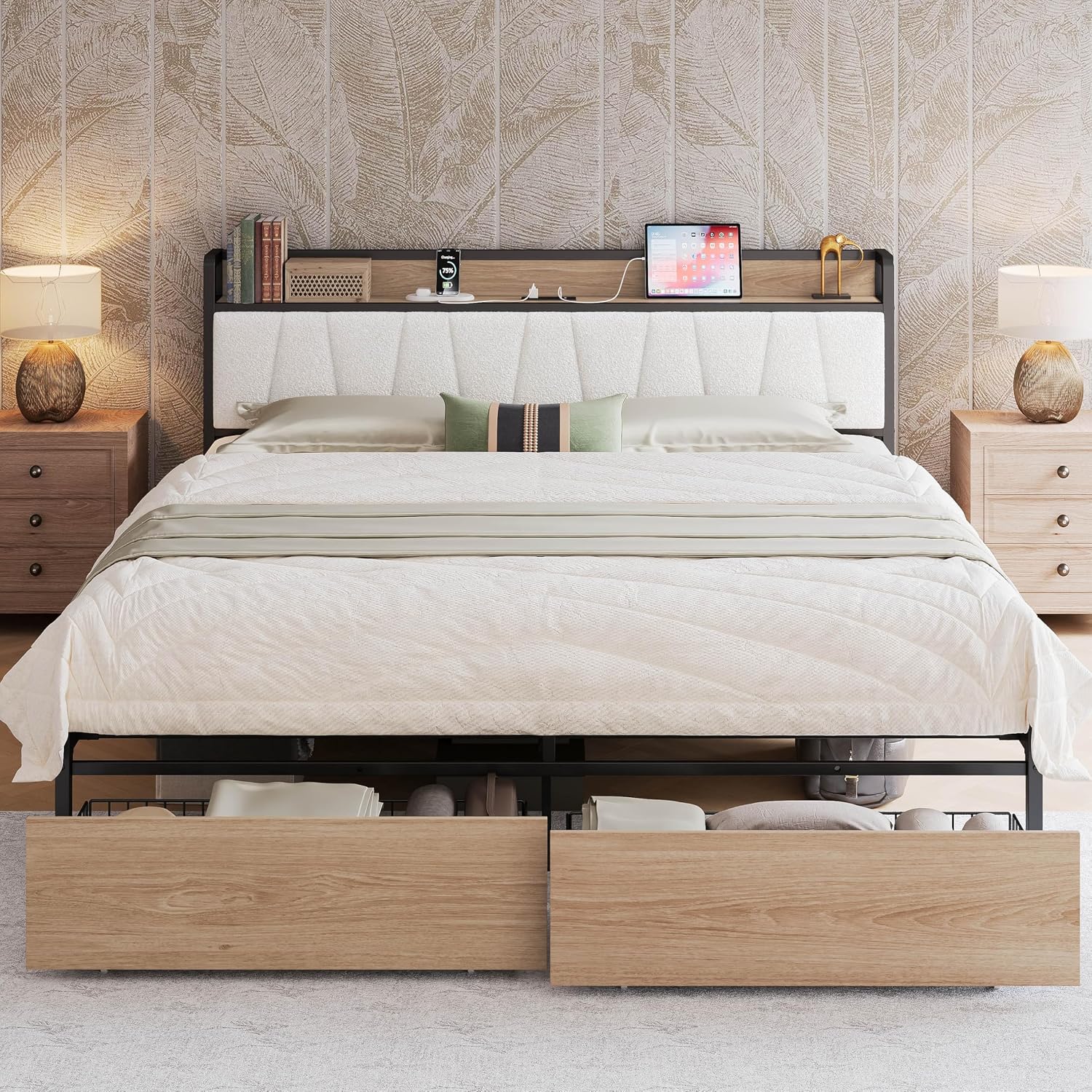 LIKIMIO King Size Bed Frame, Storage Headboard with Charging Station, Platform Bed with Drawers, No Box Spring Needed, Easy Assembly, Wood and Cream