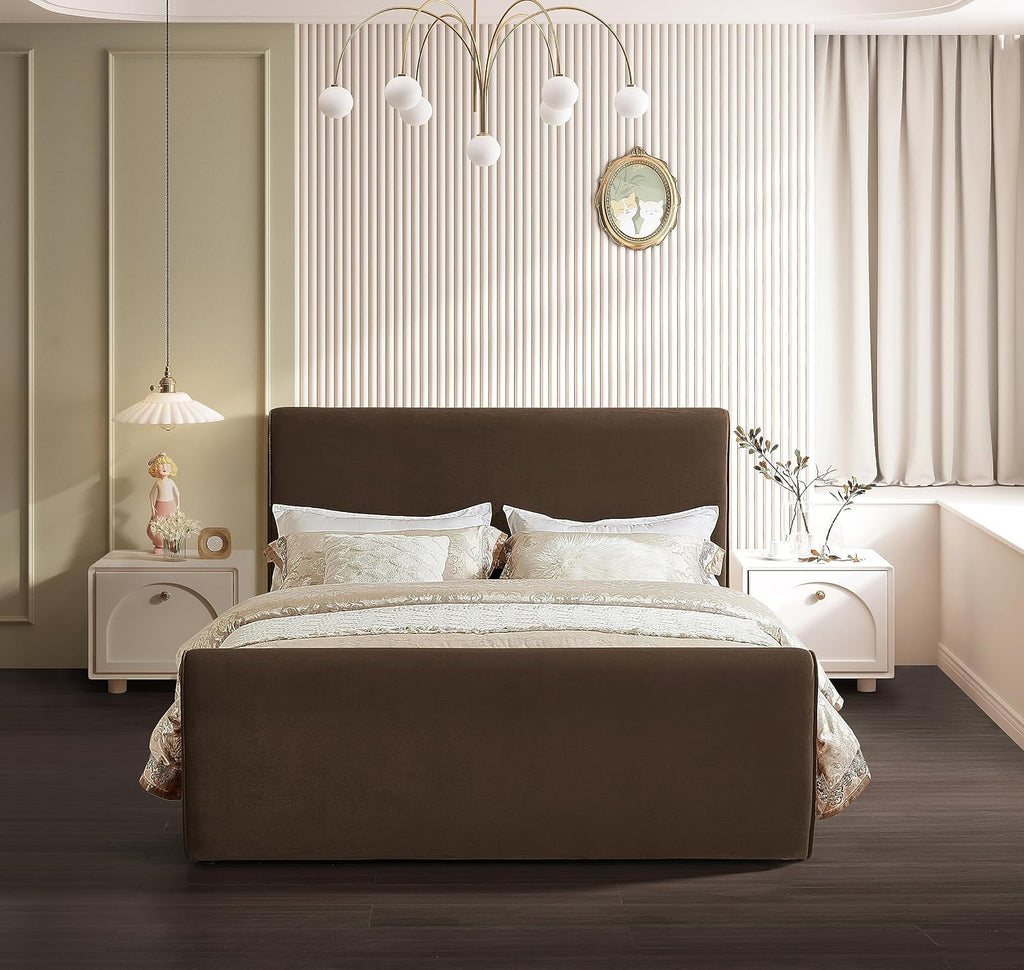 Meridian Furniture SloanBrown-F Sloan Collection Modern | Contemporary Velvet Upholstered Full Bed with Rich Soft Brown Velvet, Curved Headboard and Footboard, 59.5' W x 92' D x 45' H, Brown, Full