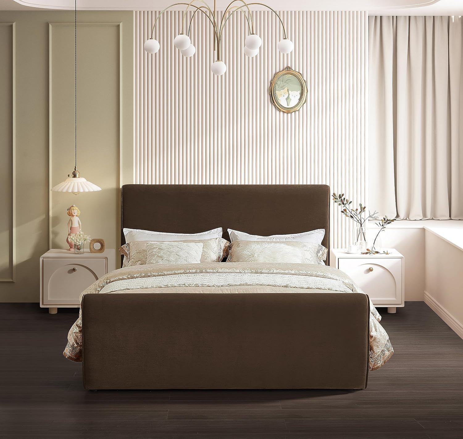 Meridian Furniture SloanBrown-F Sloan Collection Modern | Contemporary Velvet Upholstered Full Bed with Rich Soft Brown Velvet, Curved Headboard and Footboard, 59.5' W x 92' D x 45' H, Brown, Full