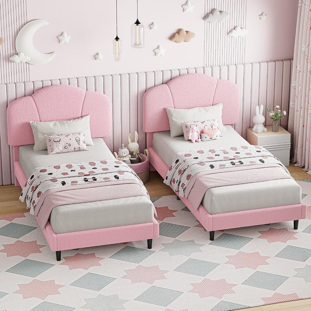 LIKIMIO Twin Size Bed Frame Sef of 2, Upholstered Twin Platform Bed with Headboard Lamb Velvet Twin Beds, No Box Spring Needed with 800LBS Sturdy Wooden Slats Support, Noise Free, Easy Assembly, Pink