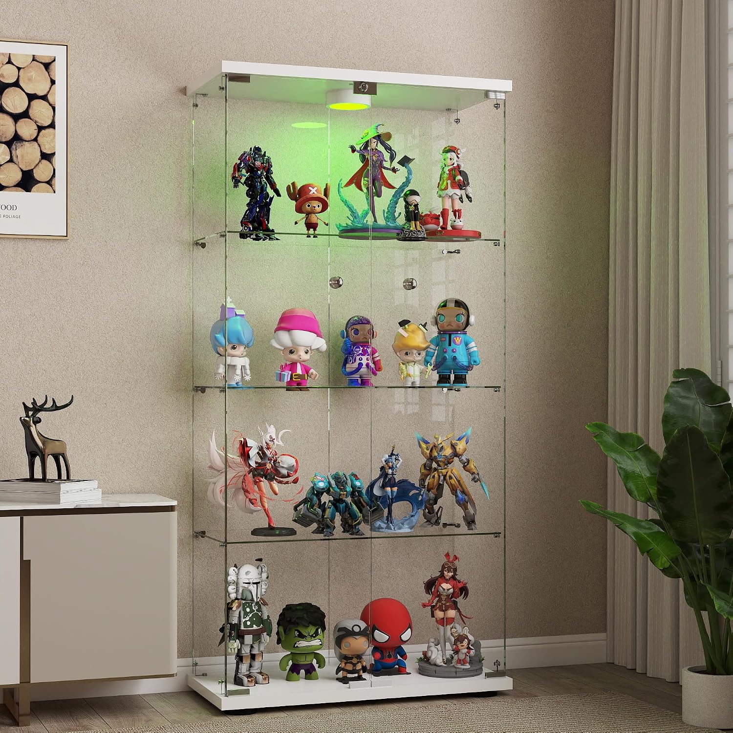 Glass Display Cabinet with LED Lights and Lock, 4-Shelf Tempered Glass Curio Cabinet with 2 Doors, Collectible Display Showcase for Living Room, Bedroom – White