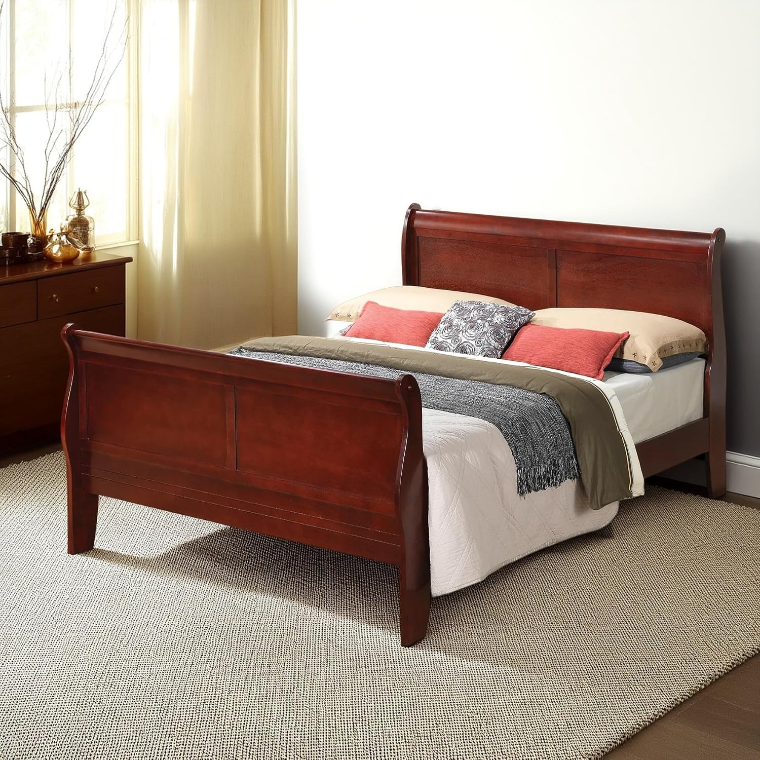 GDFStudio Queen Size Wood Platform Bed Frame, Classic Sleigh Design with Curved Trim & Wood Posts,Easy Assembly, Box Spring Required,Timeless Elegant Bedroom Furniture,Cherry