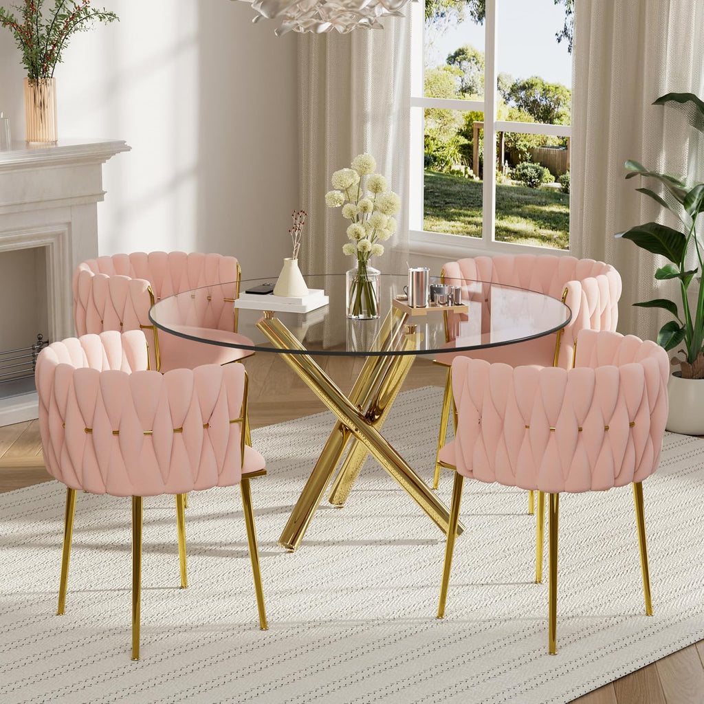 5 Piece Modern Gold Round Glass Dining Table Set, 47'' Clear Circle Glass Top Kitchen Set, 4 Person Luxury Minimalist Circular Dinner Set with Pink Woven Chairs, for Large Apartment Bedroom