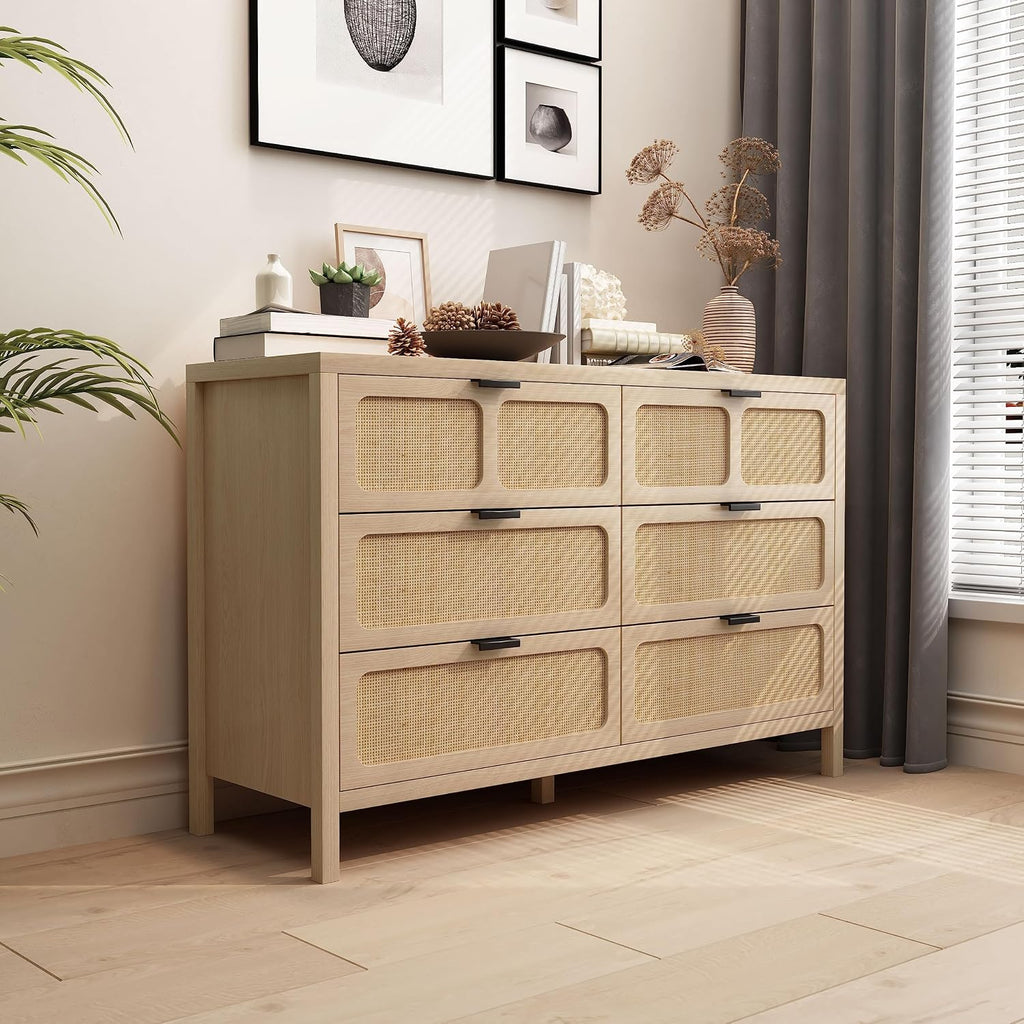 6 Drawer Dresser, Modern Rattan Dresser Chest with Wide Drawers and Metal Handles, Farmhouse Wood Storage Chest of Drawers for Bedroom, Living Room, Hallway, Entryway (Natural-6 Drawers)