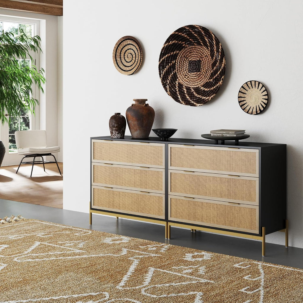 Nathan James Andrew 3-Drawer Chest Rattan Dresser, Bohemian Deep Drawer Dresser for Bedroom with Natural Rattan Accent and Metal Legs, Matte Black, Set of 2