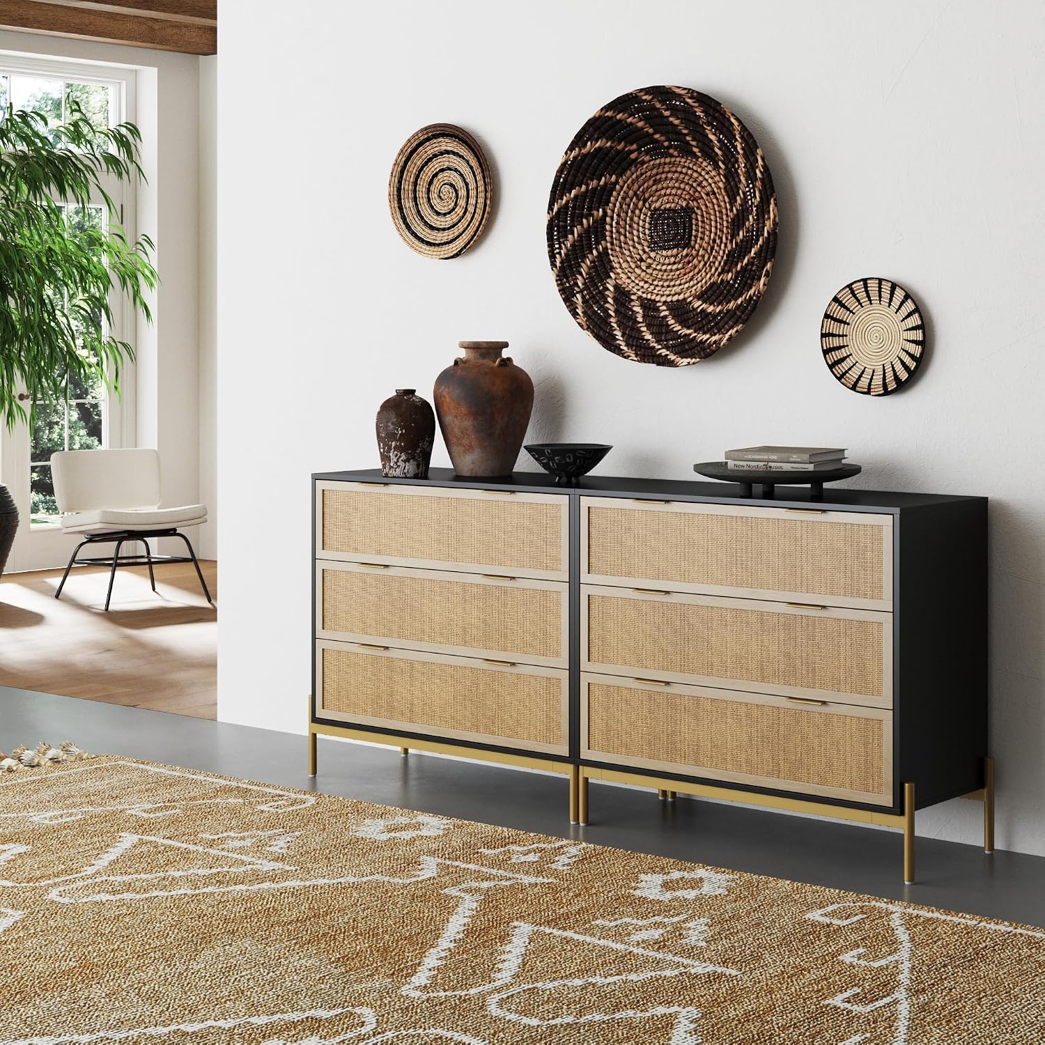 Nathan James Andrew 3-Drawer Chest Rattan Dresser, Bohemian Deep Drawer Dresser for Bedroom with Natural Rattan Accent and Metal Legs, Matte Black, Set of 2