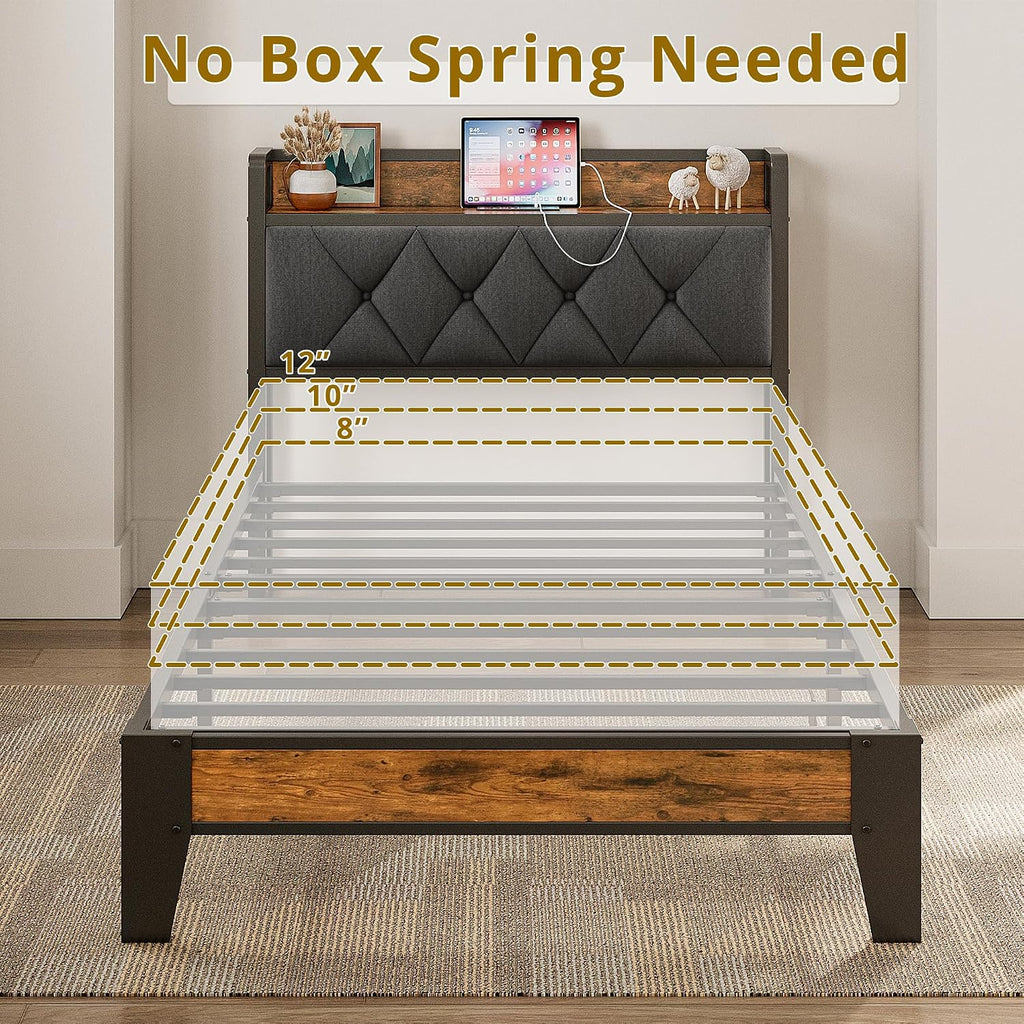 ANCTOR Twin XL Bed Frames, Storage Headboard with Outlets, Easy to Install, Sturdy and Stable, No Noise, No Box Springs Needed - Perfect for a Good Night's Sleep