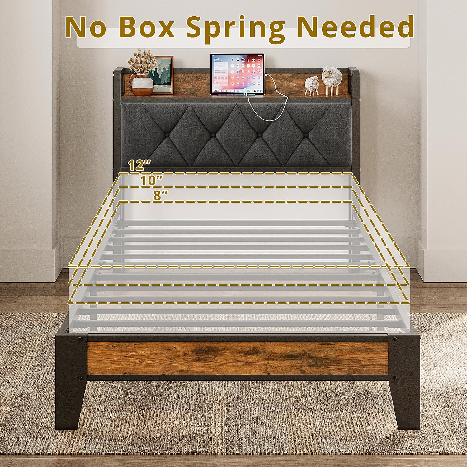 ANCTOR Twin XL Bed Frames, Storage Headboard with Outlets, Easy to Install, Sturdy and Stable, No Noise, No Box Springs Needed - Perfect for a Good Night's Sleep