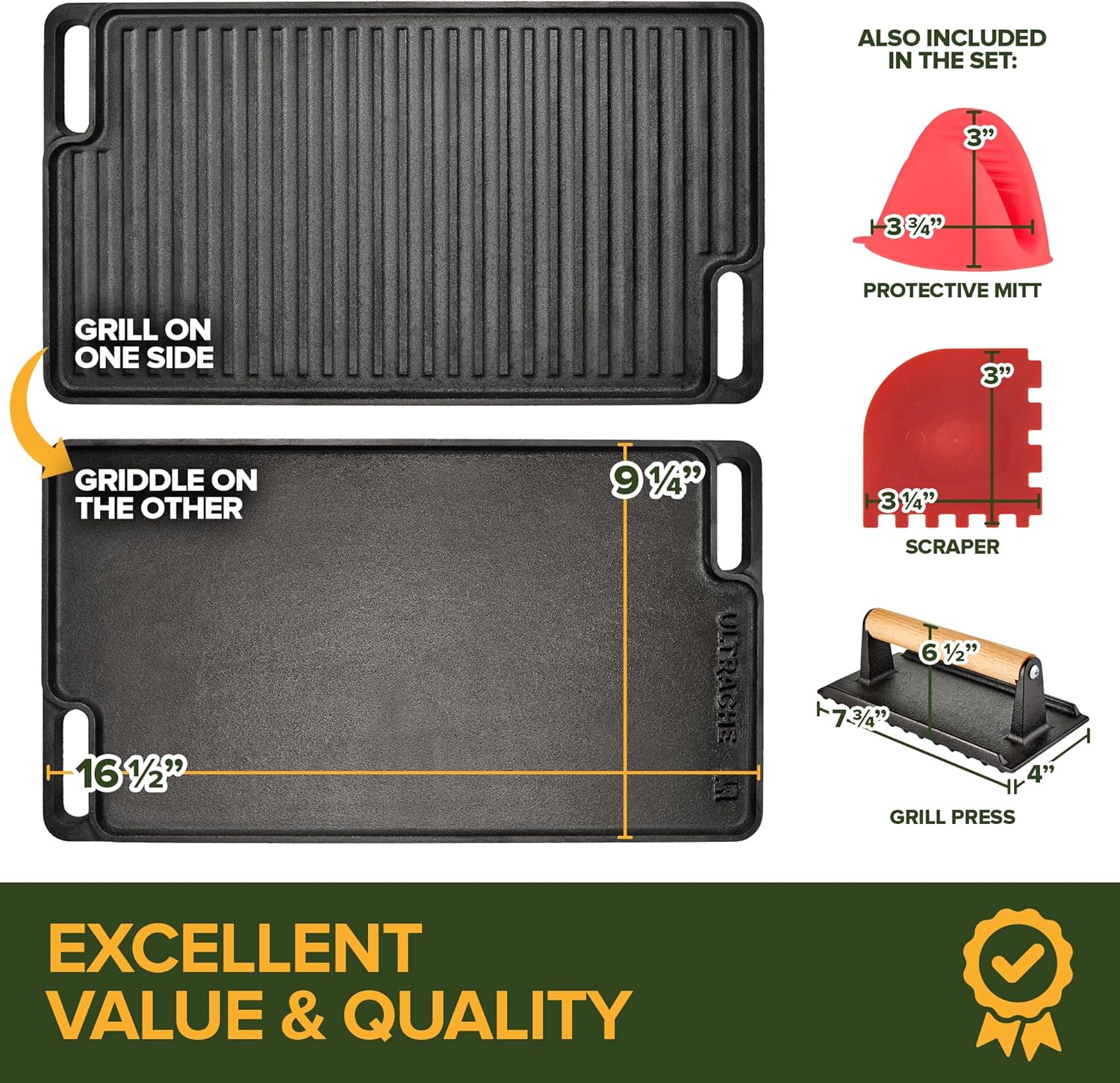 Cast Iron Griddle and Grill Reversible Combo Set with Protective Mitts, Grill Press and Scraper, Preseasoned Stovetop and Camping Griddle Pan (4 Pack)