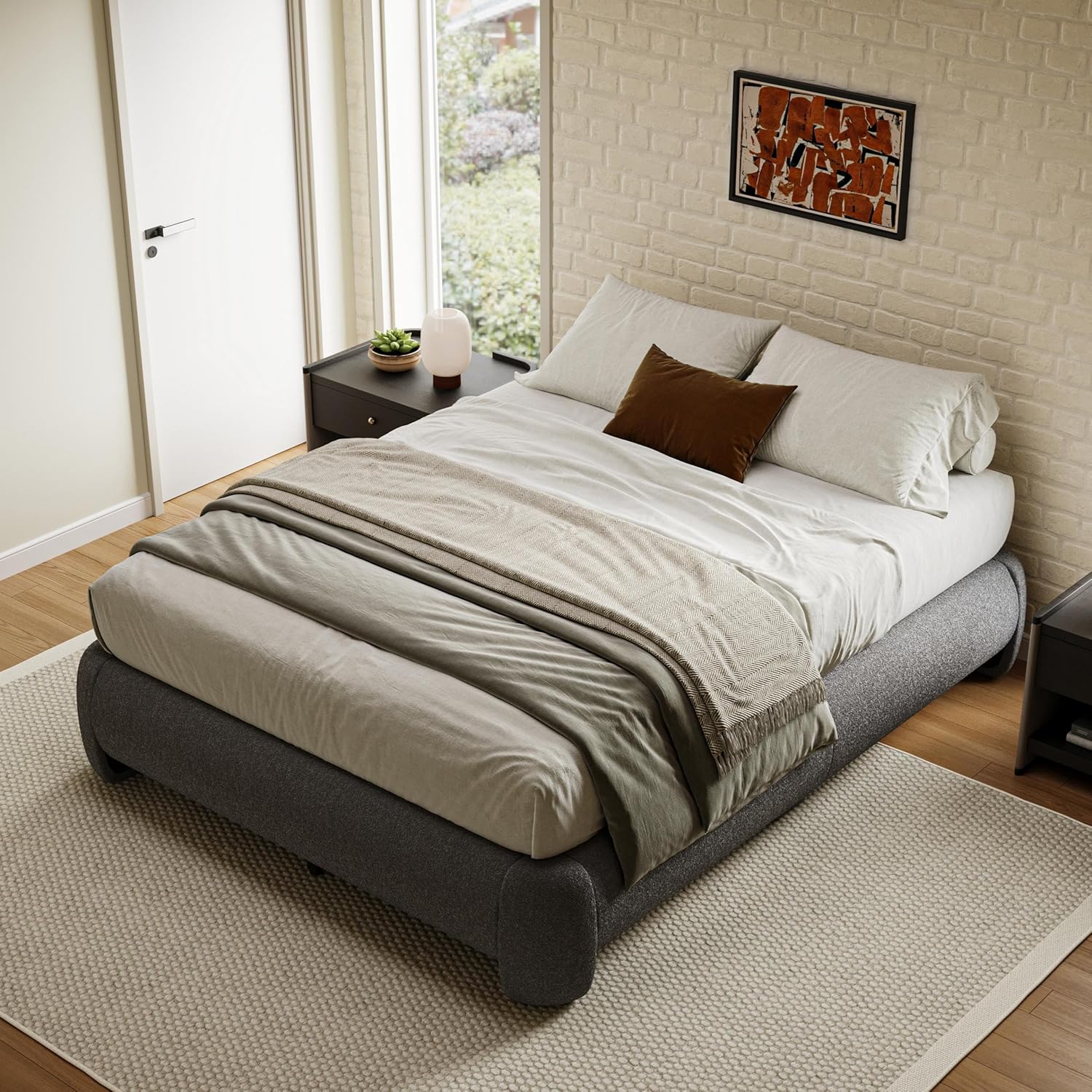 Cloud Bed Frame King Size, Soft Boucle Bed Frame with Round Corner, Upholstered King Size Bed Frame with Heavy Duty Wood Slat, No Box Spring Needed, Easy Assembly, Dark Grey