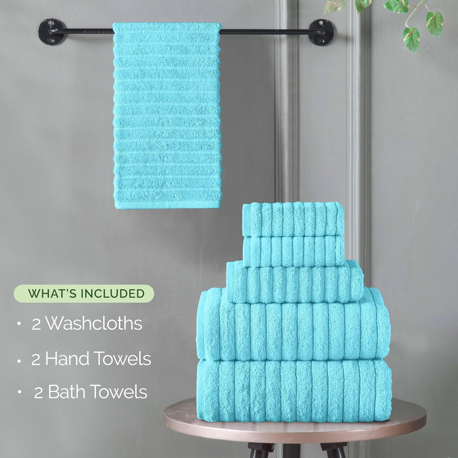 Elegant Comfort 100% Turkish Cotton Corduroy Ribbed Luxury Bath Towels 6-Piece Set, Premium - Quick Dry, Highly Absorbent, Contains 2 Bath, Hand, Washcloths, Aqua (Pack of 4)