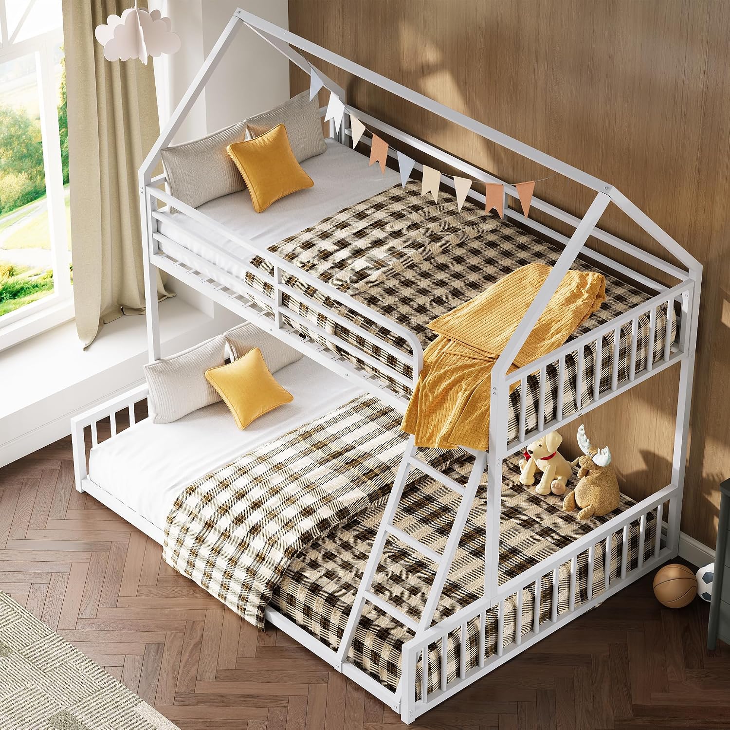 LIKIMIO Bunk Bed Twin Over Full Size, House Bunk Bed Frame with Ladder and Guardrail, House Shaped with Metal Slats Support No Box Spring Needed Space Saving for Bedroom and Dorm, White