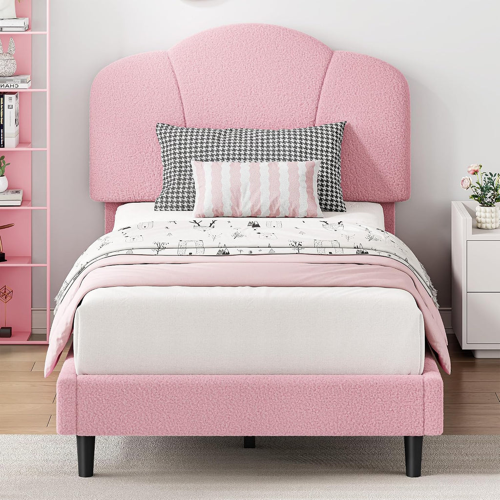 LIKIMIO Twin Size Bed Frame, Upholstered Twin Platform Bed with Headboard Lamb Velvet Twin Beds, No Box Spring Needed with 800LBS Sturdy Wooden Slats Support, Noise Free, Easy Assembly, Pink