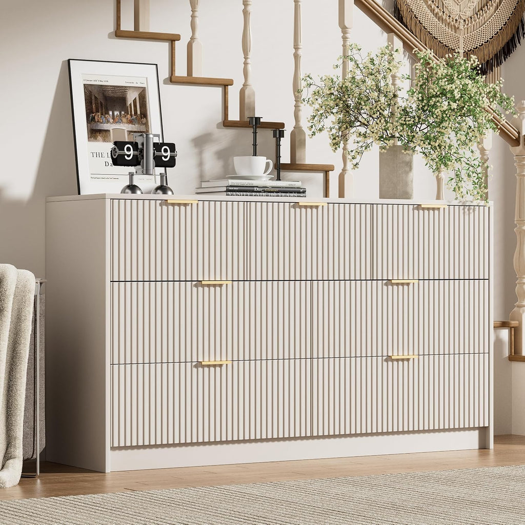 Furniway Beige Dresser for Bedroom, Modern Dresser with 7 Drawers and Smooth Slides, Wide Chest of Drawers with Golden Handles for Bedroom, Living Room, Closet, 15.7' D x 55.1' W x 31.4' H