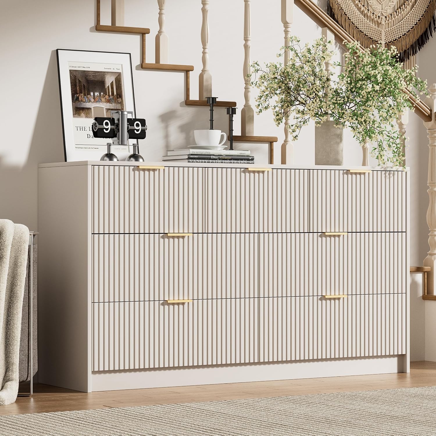 Furniway Beige Dresser for Bedroom, Modern Dresser with 7 Drawers and Smooth Slides, Wide Chest of Drawers with Golden Handles for Bedroom, Living Room, Closet, 15.7' D x 55.1' W x 31.4' H