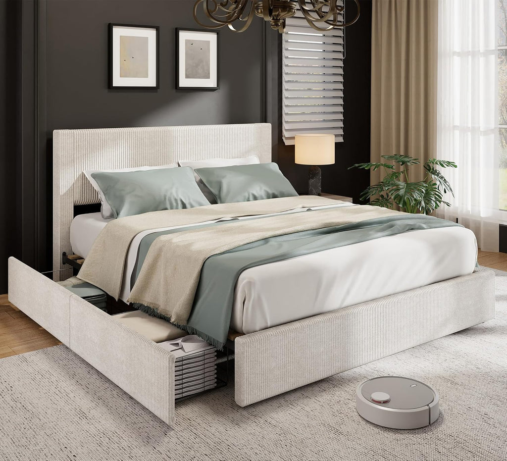 Full Size Bed Frame with 4 Storage Drawers, Platform Bed Frame Full with Upholstered Channel Tufted Wingback Headboard, Strong Wooden Slats Support, No Box Spring Needed, Beige