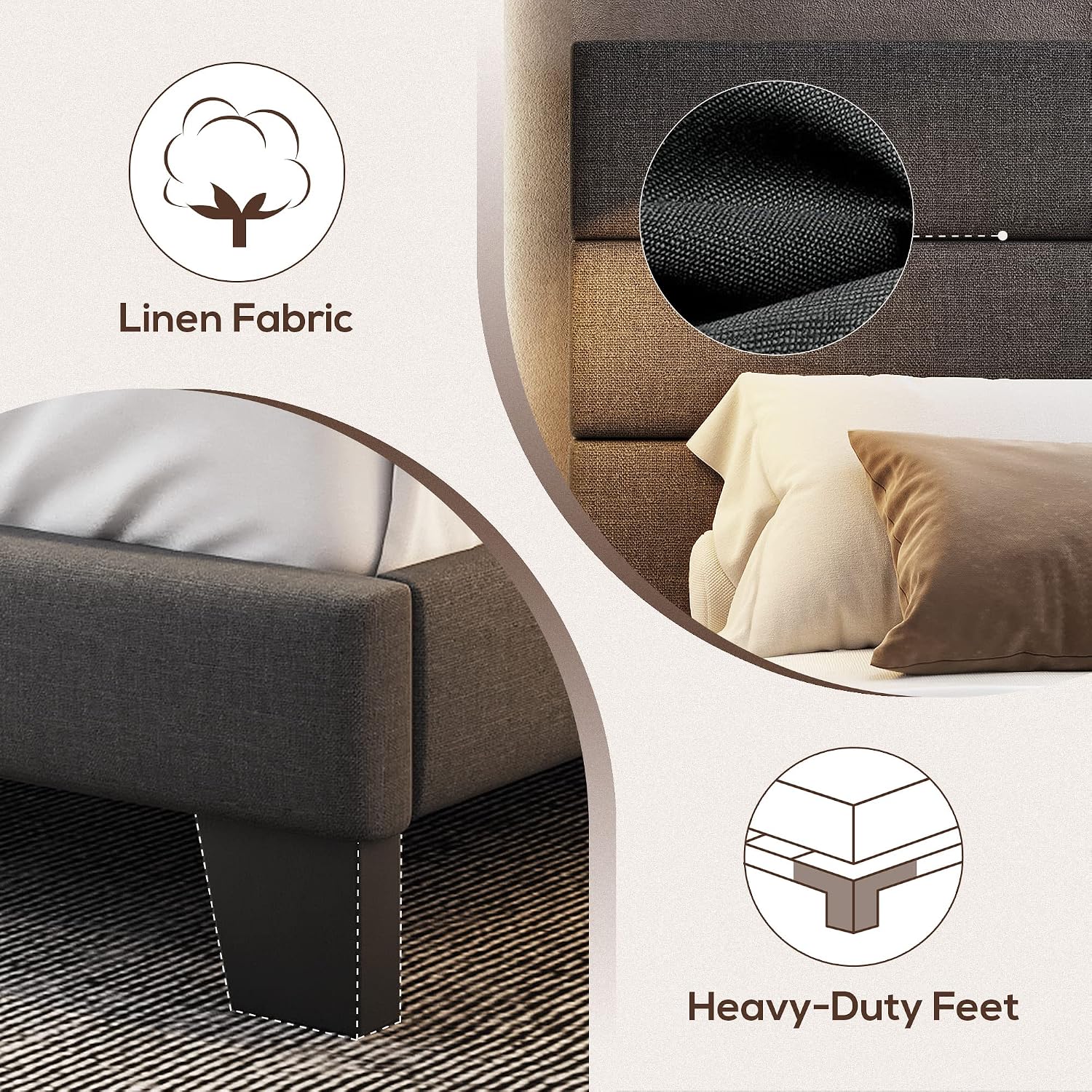 WEEWAY Queen Bed Frame Platform Bed with Linen Fabric Upholstered Headboard and Wooden Slats Support, Heavy Duty Mattress Foundation, No Box Spring Needed, Easy Assembly, Dark Grey