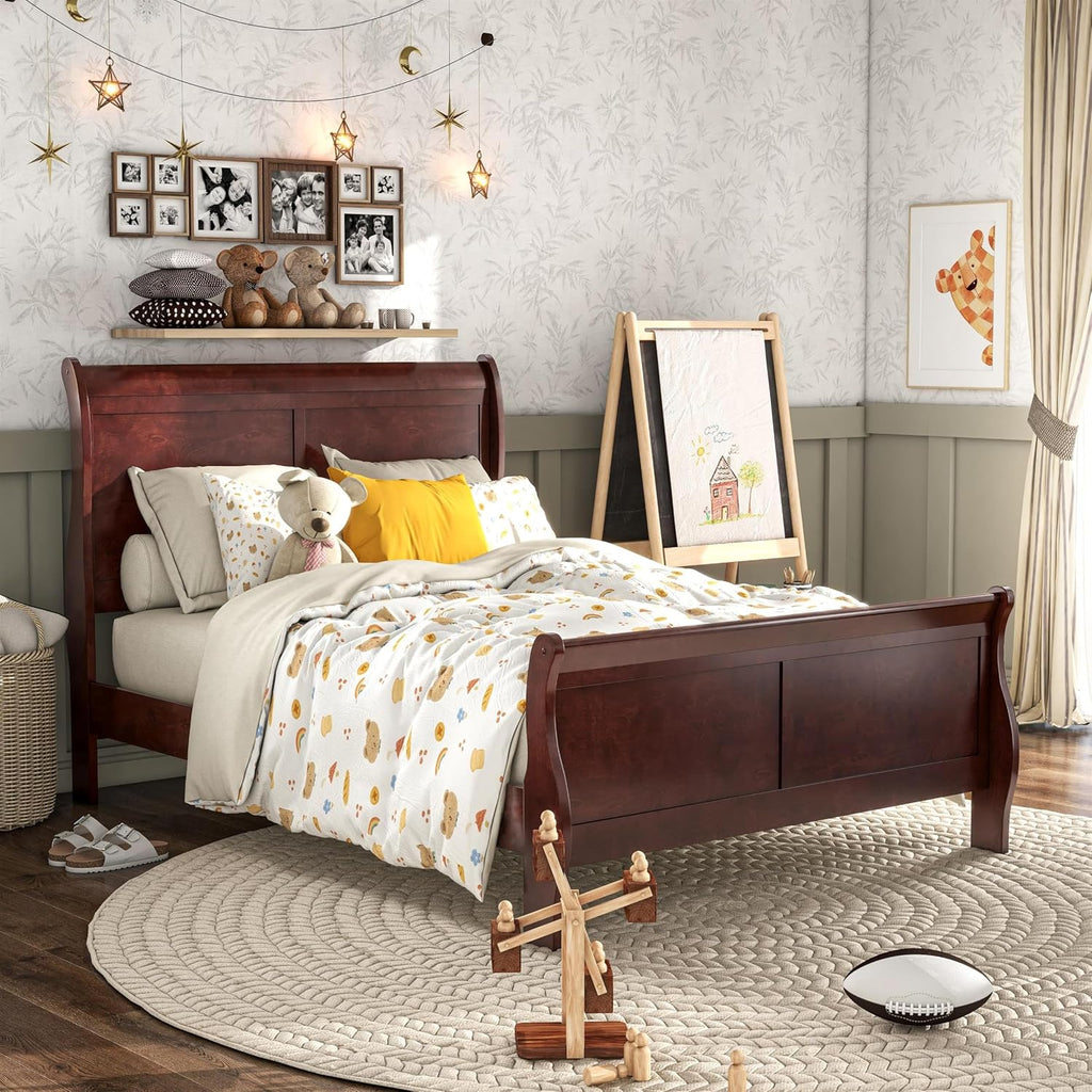 BOWERY HILL Transitional Solid Wood Twin Sleigh Bed, Cherry Finish, Paneled Headboard and Footboard, 83.5 in x 41.38 in x 47.25 in, Kids Bedroom Furniture, Durable MDF and Veneer Construction