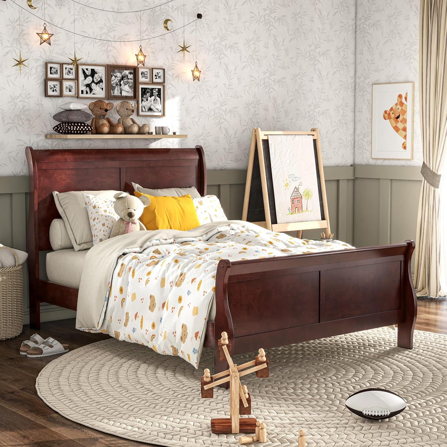 BOWERY HILL Transitional Solid Wood Twin Sleigh Bed, Cherry Finish, Paneled Headboard and Footboard, 83.5 in x 41.38 in x 47.25 in, Kids Bedroom Furniture, Durable MDF and Veneer Construction