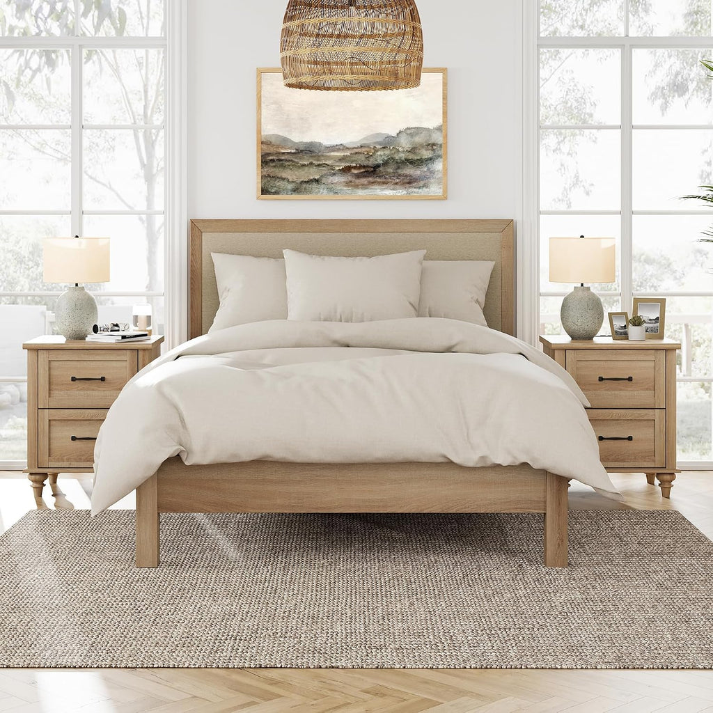 WAMPAT 4 Piece Bedroom Set, Set of 2 Wooden Dressers with 3 Drawers, Set of 2 Rattan Bedside Table Side Tables with Charging Station, 4 Piece Dresser and Nightstand Sets, Oak