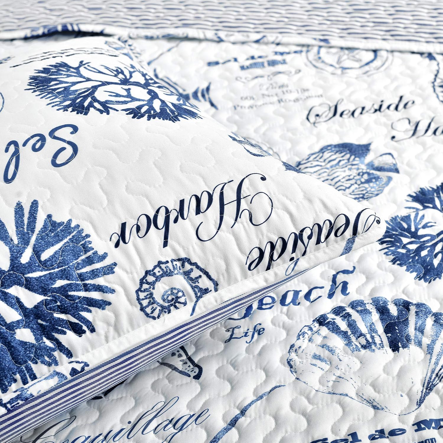 Lush Decor Harbor Life Reversible Quilt Set, 7 Piece Set, Full/ Queen, Indigo - Blue Quilt Queen Bedding Set - Coastal Decor - Nautical Bedding - Beach House