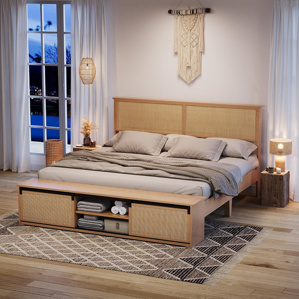 GarveeHome Natural Rattan King Size Bed Frame with Sliding Barn Door Storage Cabinets and Headboard, Boho Farmhouse Wood Platform Bed with Solid Wood Legs Support, No Box Spring Needed