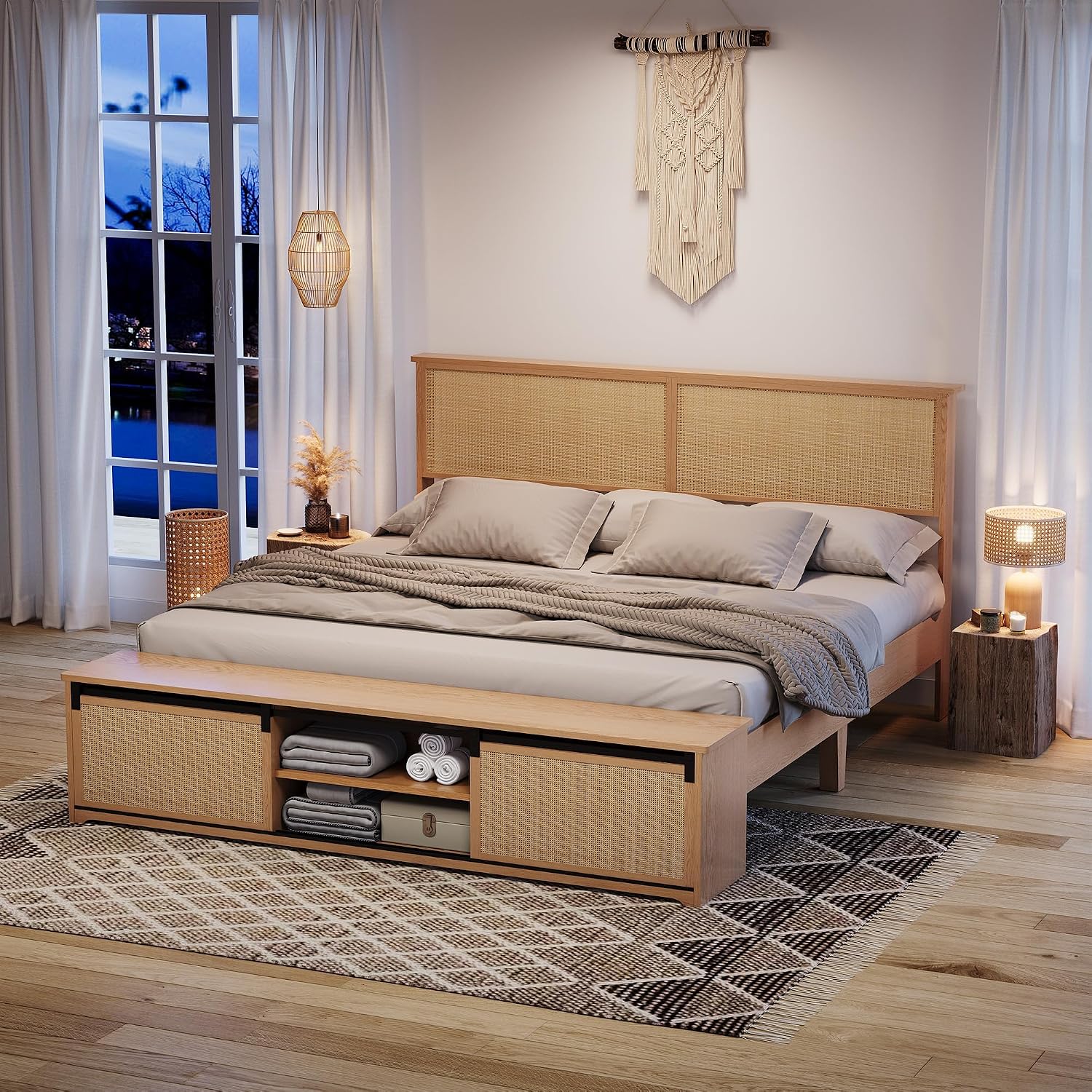 GarveeHome Natural Rattan King Size Bed Frame with Sliding Barn Door Storage Cabinets and Headboard, Boho Farmhouse Wood Platform Bed with Solid Wood Legs Support, No Box Spring Needed