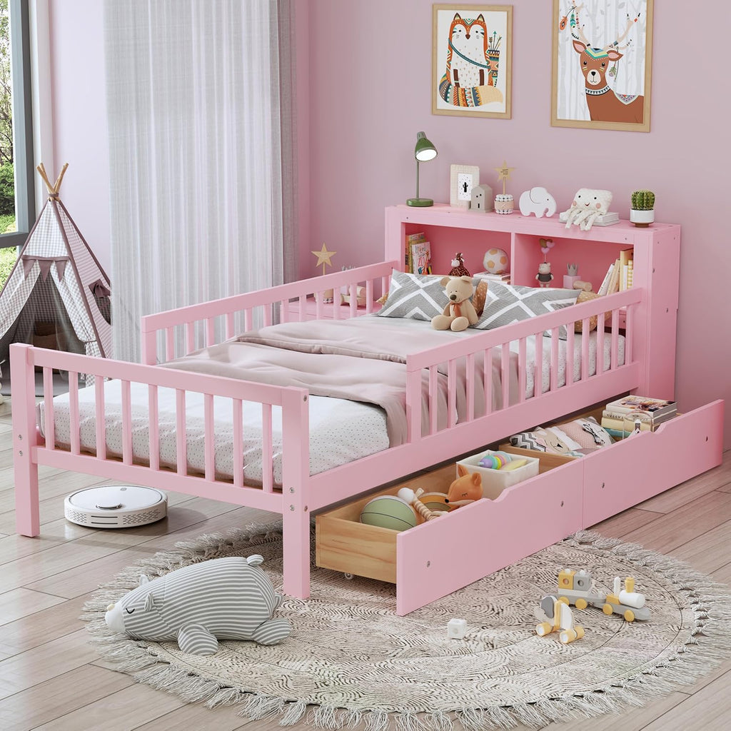 VilroCaz Wood Twin Size Platform Bed with Safety Fence for Kids Boys Girls, Platform Bed Frame with Practical Headboard and 2 Under-Bed Drawers, Sturdy Slats Support (Pink-3.15)