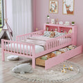 VilroCaz Wood Twin Size Platform Bed with Safety Fence for Kids Boys Girls, Platform Bed Frame with Practical Headboard and 2 Under-Bed Drawers, Sturdy Slats Support (Pink-3.15)