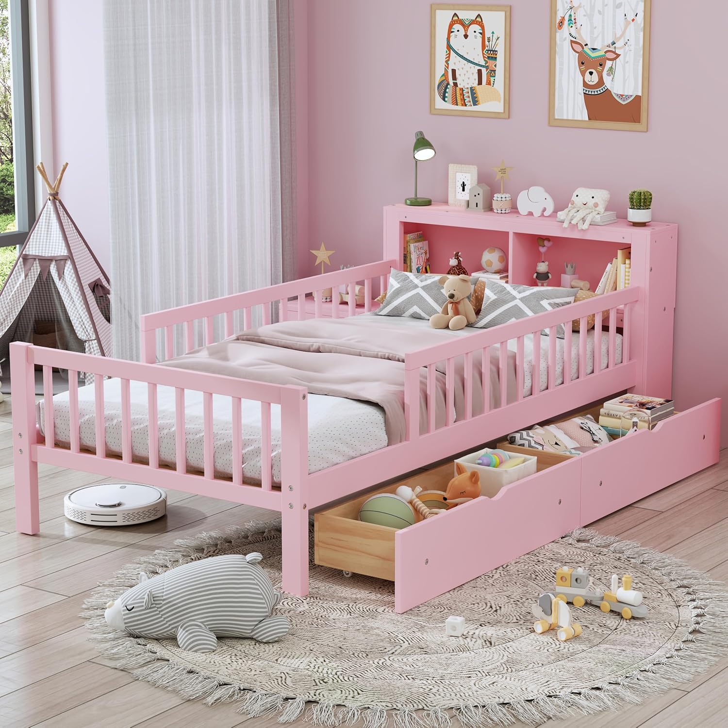 VilroCaz Wood Twin Size Platform Bed with Safety Fence for Kids Boys Girls, Platform Bed Frame with Practical Headboard and 2 Under-Bed Drawers, Sturdy Slats Support (Pink-3.15)
