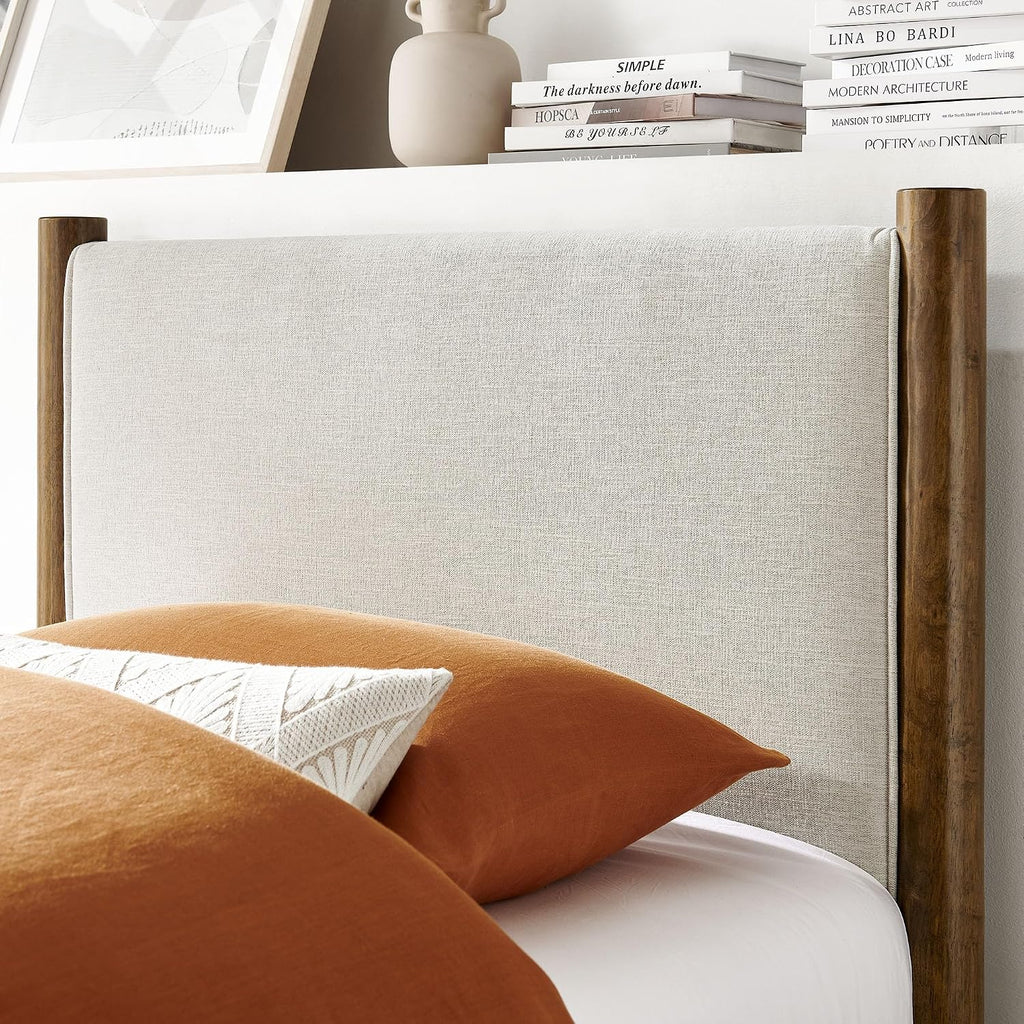 Modway Maven Twin Size Bed Frame in Ivory Walnut with Upholstered Fabric Headboard and Footboard – Wood Twin Platform Bed Frame – No Box Spring Needed