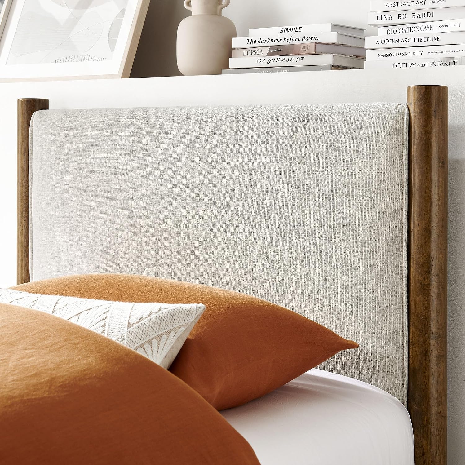 Modway Maven Twin Size Bed Frame in Ivory Walnut with Upholstered Fabric Headboard and Footboard – Wood Twin Platform Bed Frame – No Box Spring Needed