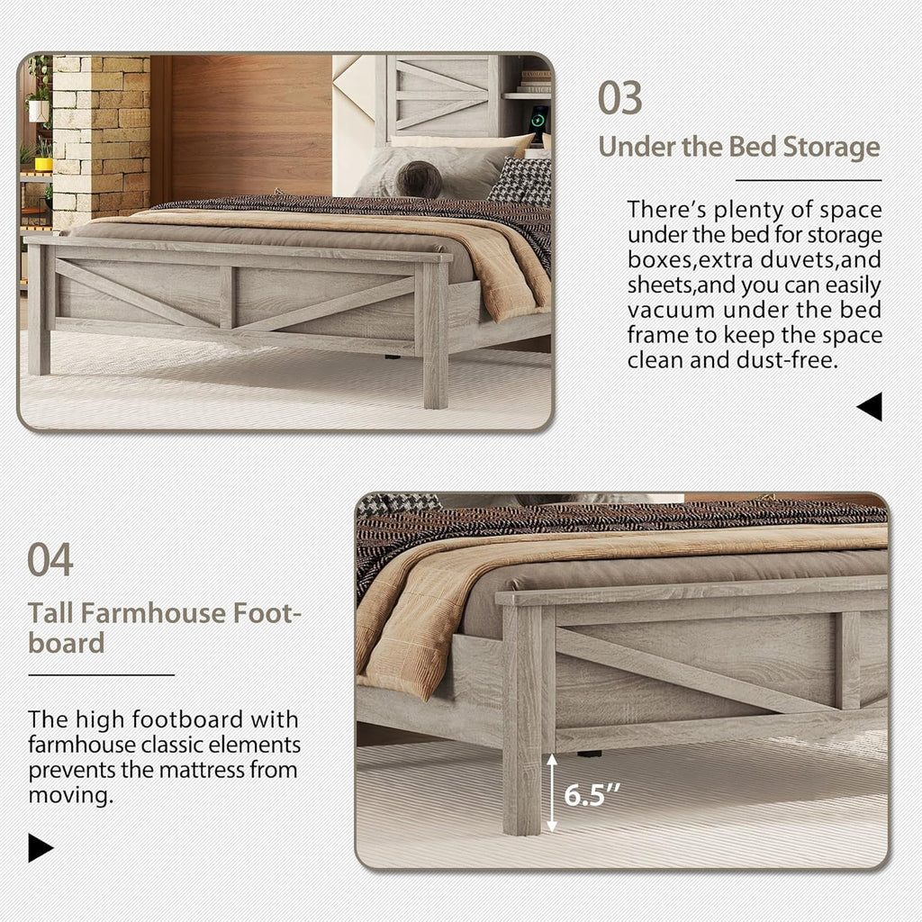 Ball & Cast 3-Piece Queen Size Farmhouse Bedroom Set, Platform Bed with Sliding Door Storage Headboard & Charging Station, Storage Nightstand and Dresser, Wooden Bedroom Furniture Set, Antique Gray