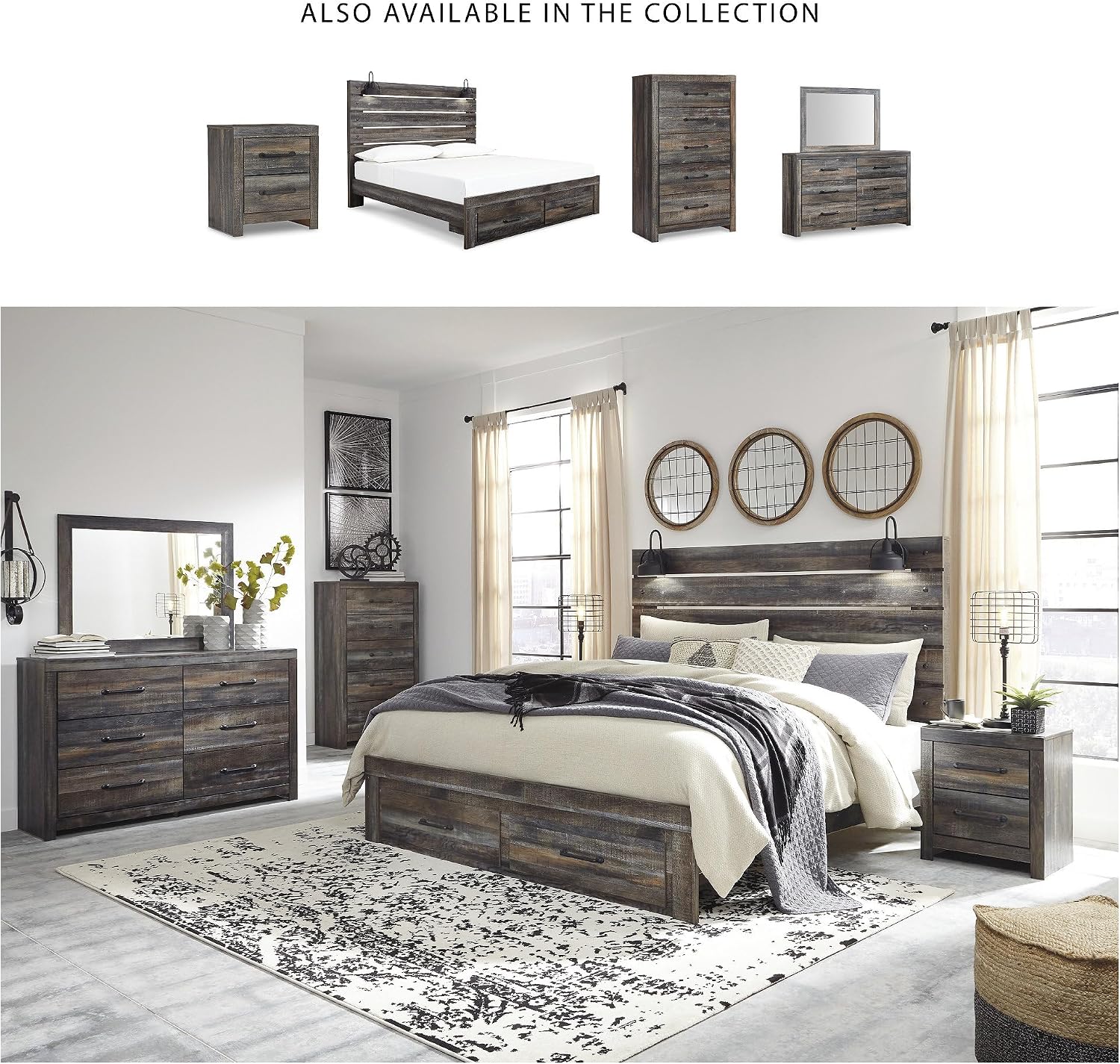 Signature Design by Ashley Drystan Rustic Industrial 2 Drawer Nightstand with 2 Slim-Profile USB Charging Stations, 24.37' Tall, Weatherworn Brown