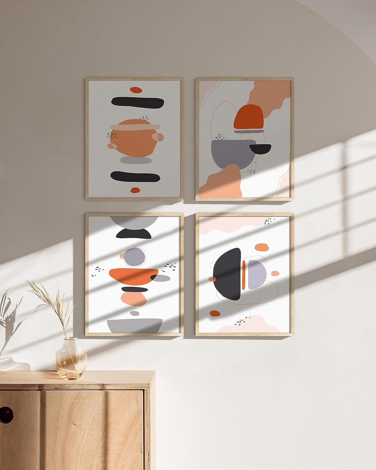 HAUS AND HUES Minimal Abstract Art Set of 4 – Modern Geometric Prints, Aesthetic Abstract Wall Decor, Minimalist Art Posters for Any Room (Beige Frame, 16x20)