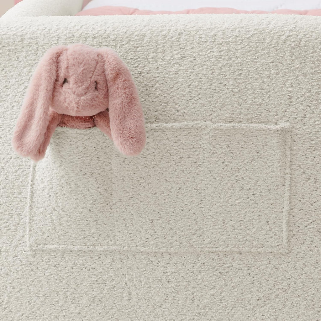 VilroCaz Twin Size Upholstered Platform Bed with Safety Guardrail and Cute Rabbit Ear Shaped Headboard, Boucle Fabric Montessori Kids Bed with Pocket and Sturdy Slats Support (Beige-7.24)