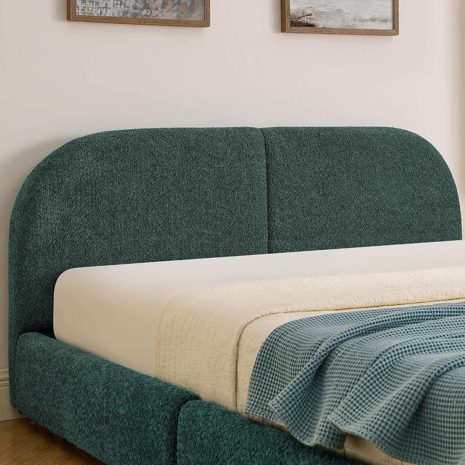 Queen Size Floor Bed Frame with 4 Wheeled Storage Drawer and Tall Curved Headboard, Modern Minimalist Style Upholstered Platform Bed Frame, Wooden Slats Support, Easy Assembly, Green
