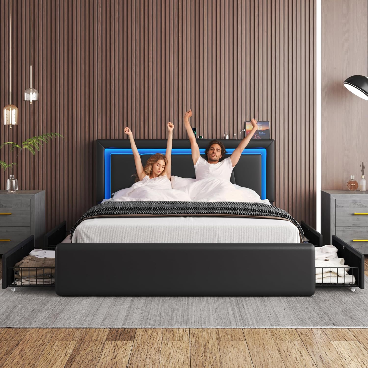 Full Size Bed Frame with 4 Storage Drawers and LED Lights, Upholstered Platform Bed with Adjustable Headboard and Charging Station, Metal Slats Support, No Box Spring Needed,Easy Assembly, Black