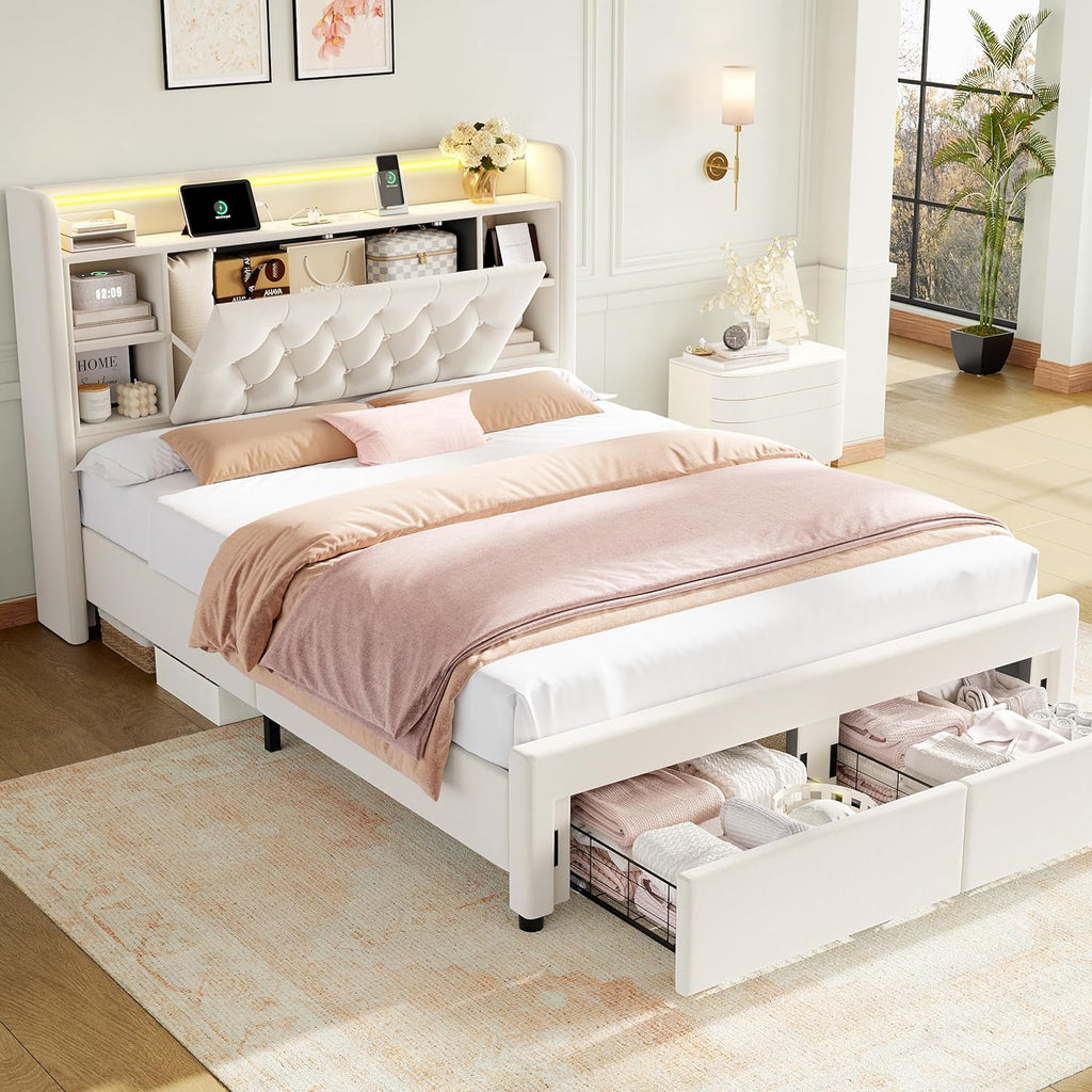 Queen Bed Frame with Drawers, Hidden-Cubby & Shelves Storage Headboard with Charging Station and LED Lights, Velvet Upholstered Platform Bed Solid Wooden Slats Support No Box Spring Needed, Beige