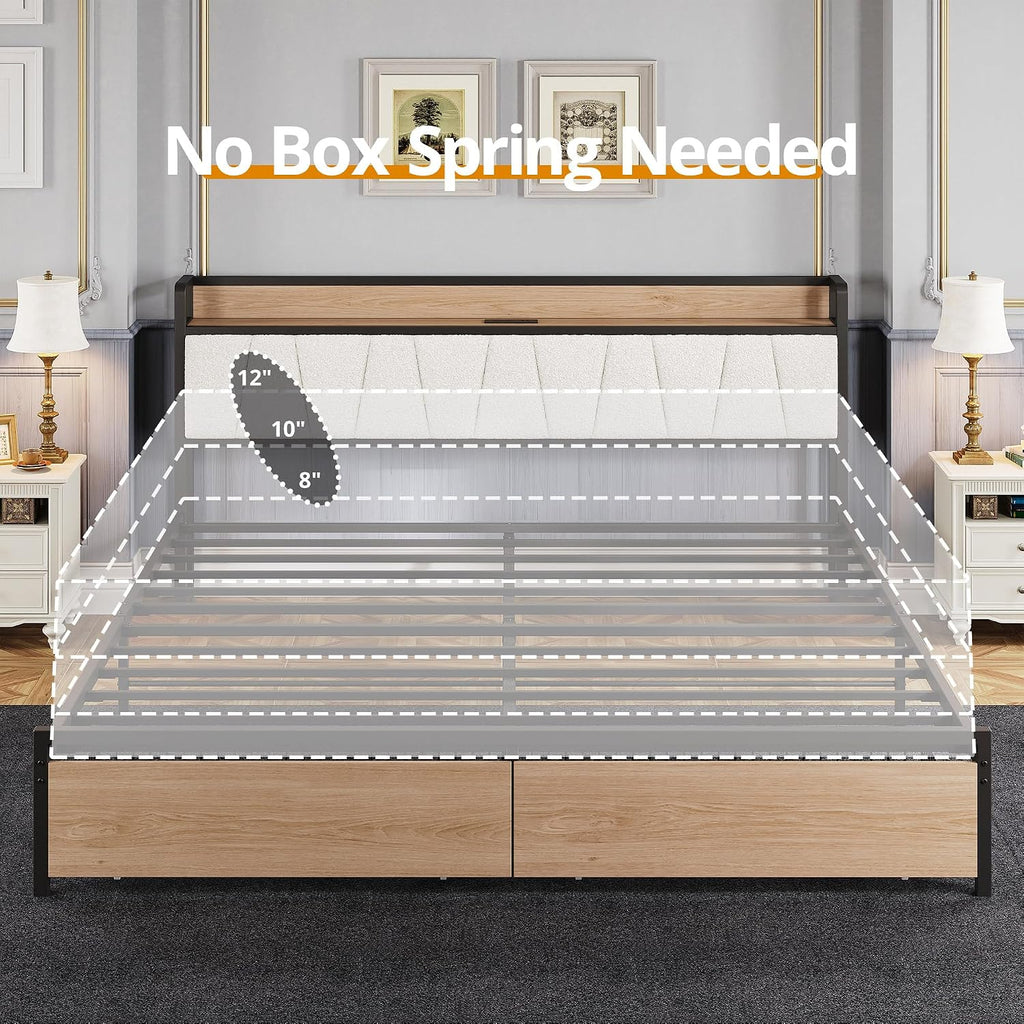 LIKIMIO California King Size Bed Frame, Storage Headboard with Charging Station, Platform Bed with Drawers, No Box Spring Needed, Easy Assembly, Wood and Cream